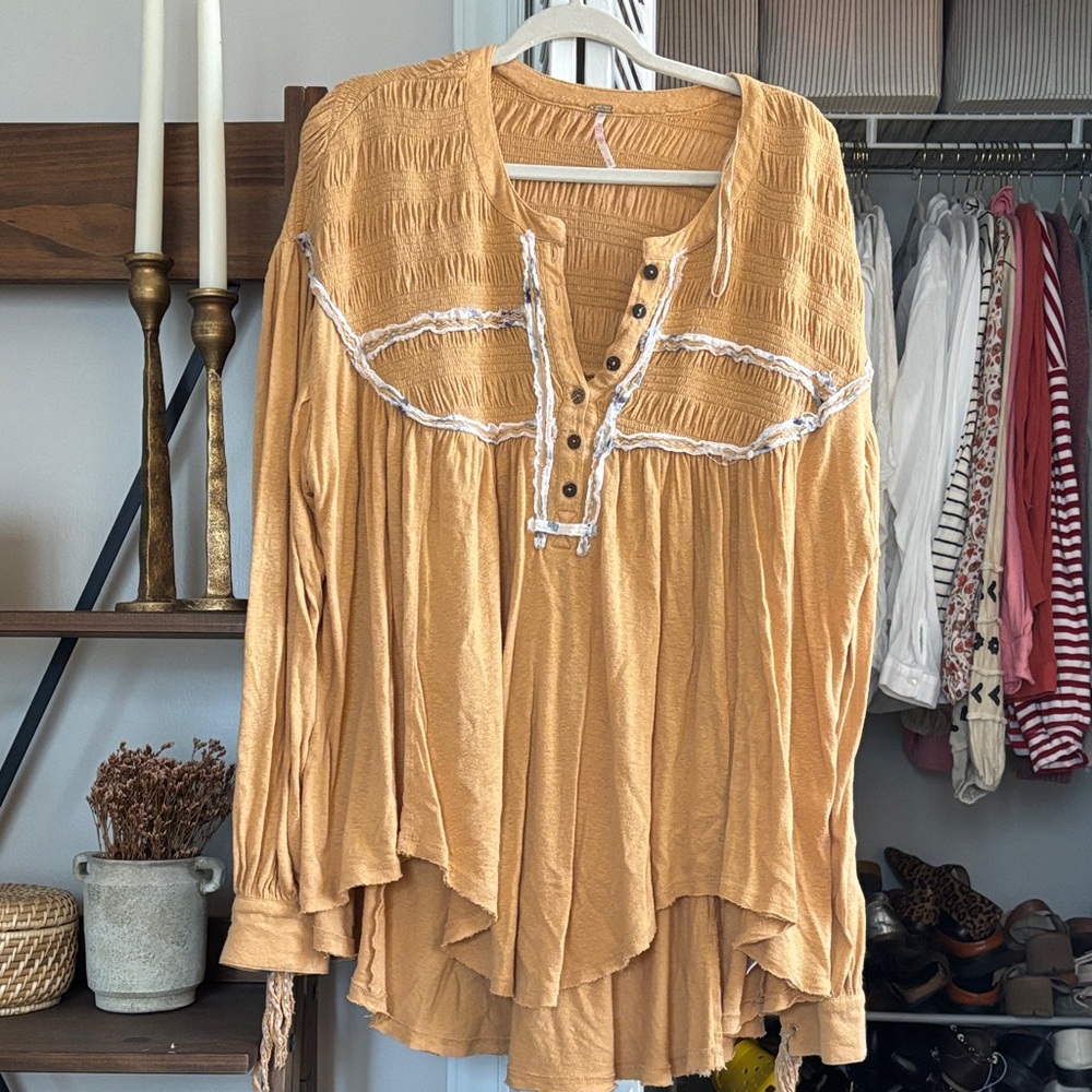 Free People Mustard Tunic with Embroidered Detail